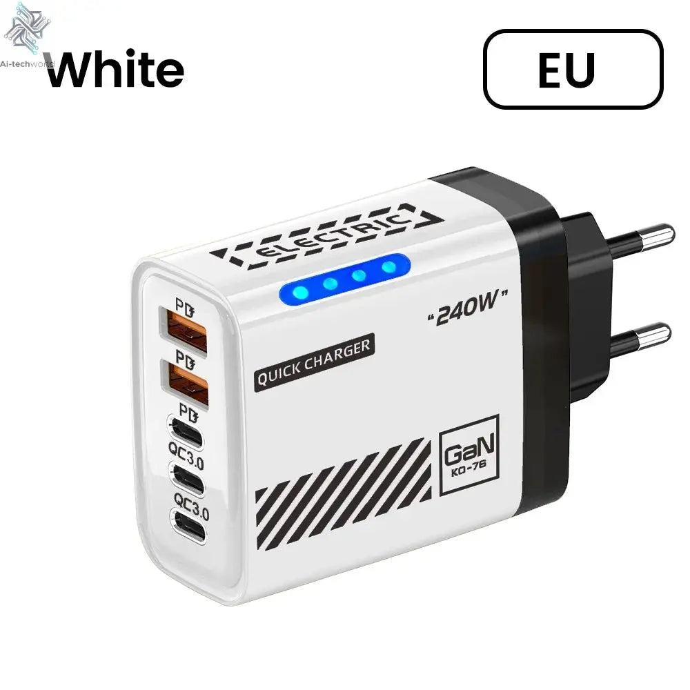 White quick charger with multiple USB ports and EU plug on a white background