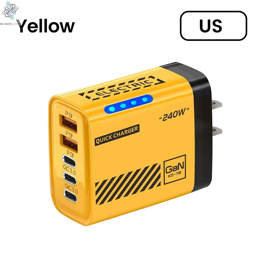 Yellow quick charger with multiple ports on a white background