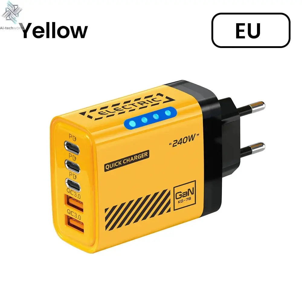 Yellow power adapter with multiple USB ports and charging indicators on a white background