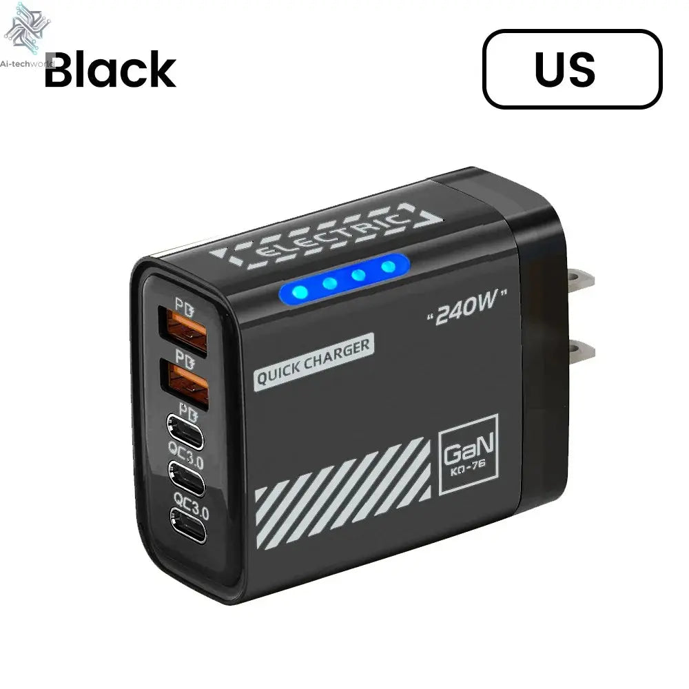 Black quick charger with multiple ports on a white background