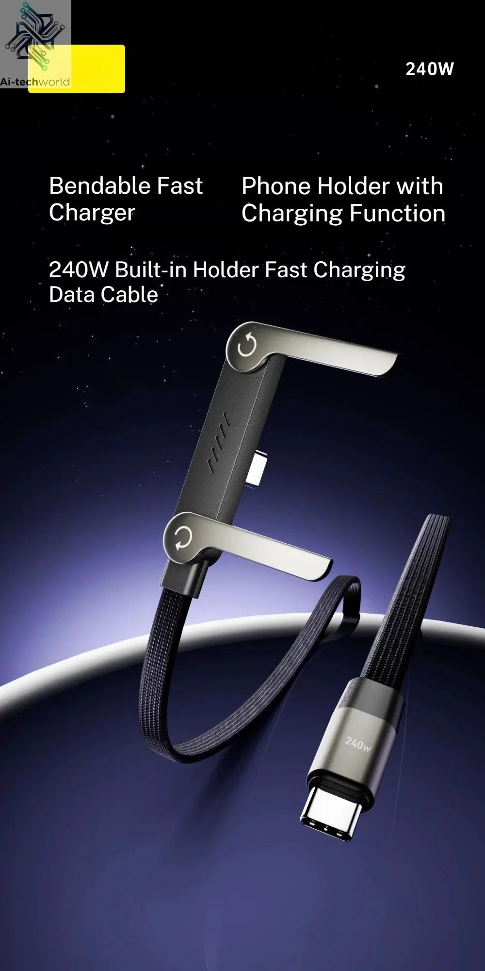 240W Stand Charging Cable, 2-in-1 with Phone Holder for Gaming/Videos, Compatible with iPhone 15-17 & Huawei Ai-TechWorld 