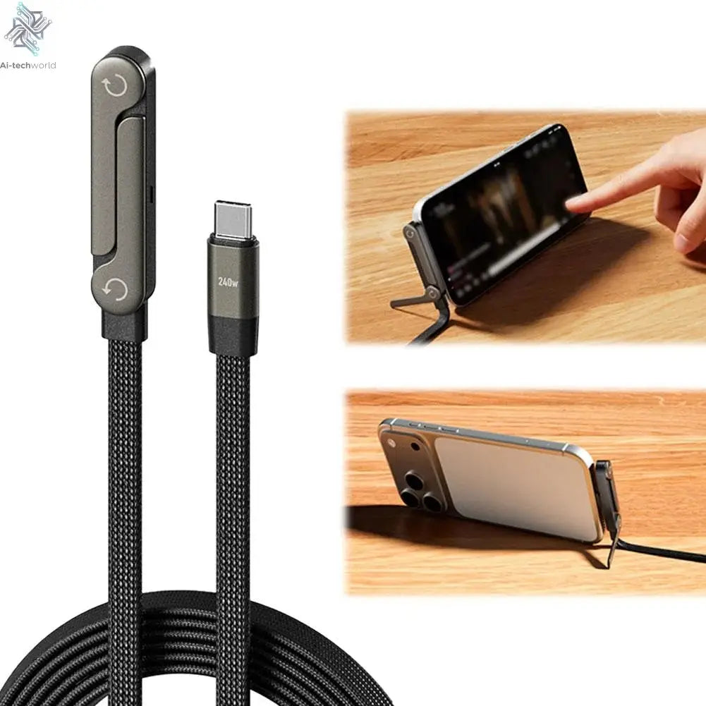 240W Stand Charging Cable, 2-in-1 with Phone Holder for Gaming/Videos, Compatible with iPhone 15-17 & Huawei Ai-TechWorld 