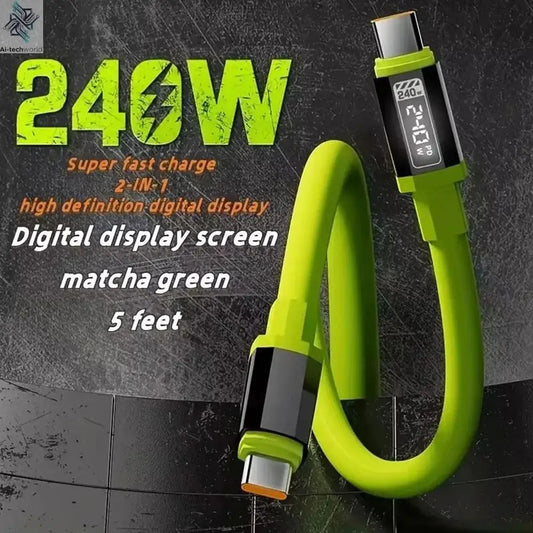 240W Type C to Type C Cable High Power Charge Data Cord With LED Digital Display USB To USB-C Fast Charging Charger Adapter Wire - Ai-TechWorld