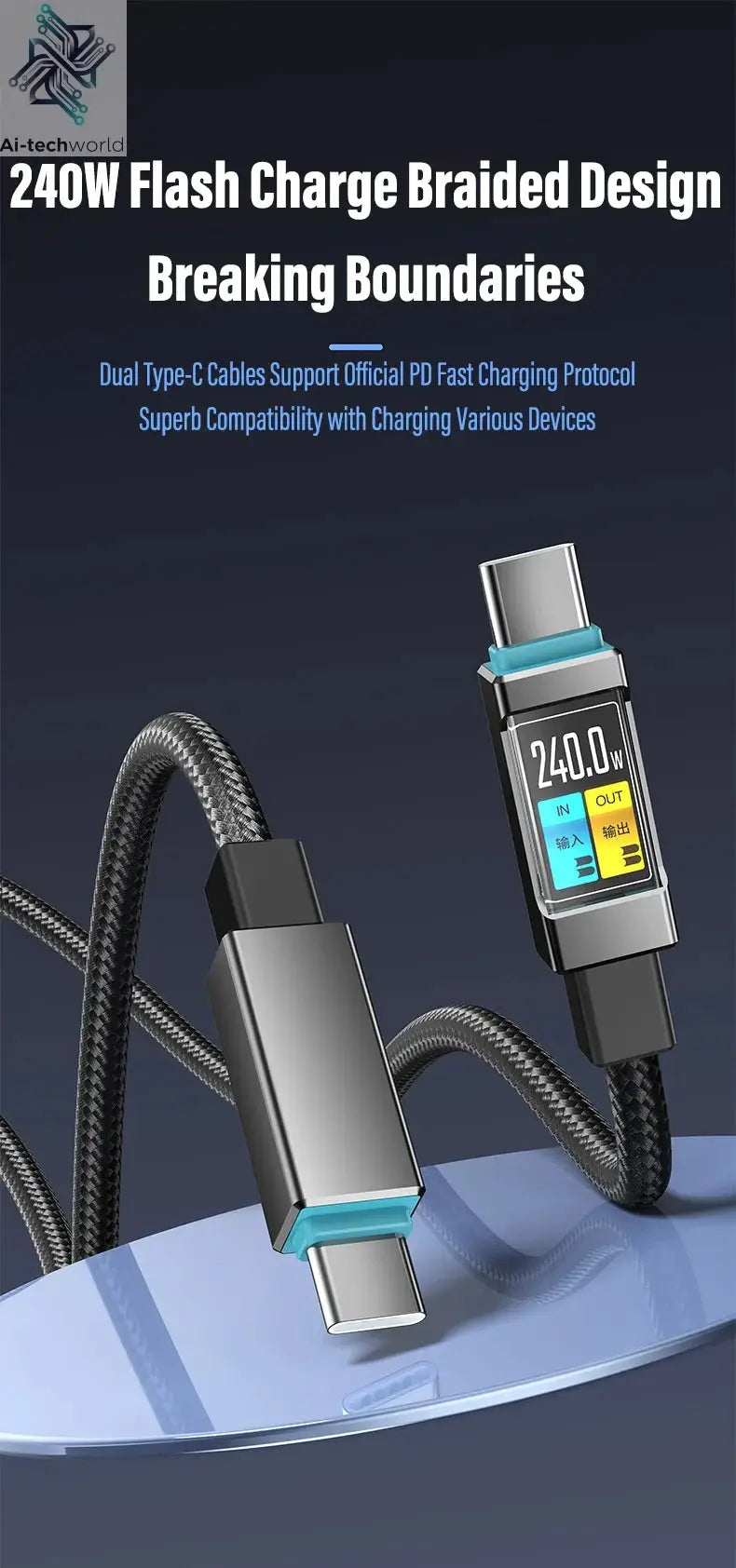 240W Type-C to Type-C Fast Charging Data Cable for iPhone 15 16 17 pro max Samsung Huawei Xiaomi OPPO Phone - Ai-TechWorld