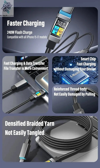 240W Type-C to Type-C Fast Charging Data Cable for iPhone 15 16 17 pro max Samsung Huawei Xiaomi OPPO Phone - Ai-TechWorld