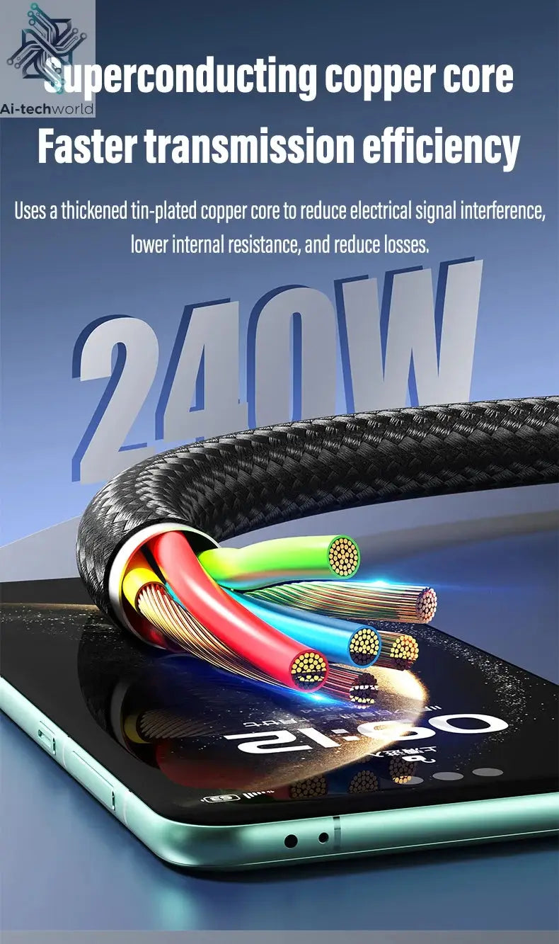 240W Type-C to Type-C Fast Charging Data Cable for iPhone 15 16 17 pro max Samsung Huawei Xiaomi OPPO Phone - Ai-TechWorld