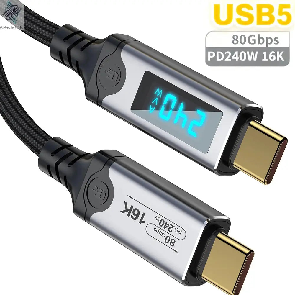 240W USB 5 Cable Type C Fast Charging Cord 80Gbps Data Transfer 16K60Hz With LED Display for Thunderbolt5/4 Monitor Laptop - Ai-TechWorld