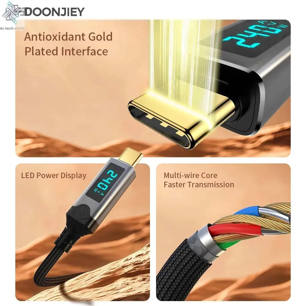 240W USB 5 Cable Type C Fast Charging Cord 80Gbps Data Transfer 16K60Hz With LED Display for Thunderbolt5/4 Monitor Laptop - Ai-TechWorld