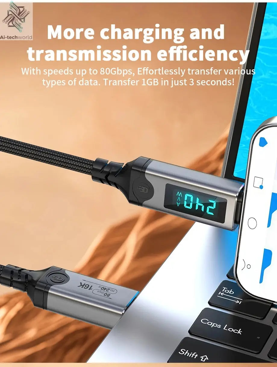 240W USB 5 Cable Type C Fast Charging Cord 80Gbps Data Transfer 16K60Hz With LED Display for Thunderbolt5/4 Monitor Laptop - Ai-TechWorld