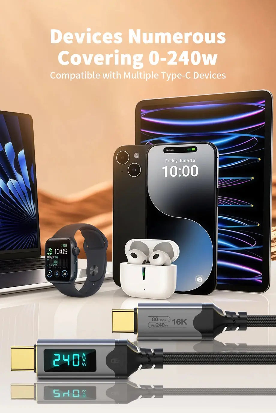 240W USB 5 Cable Type C Fast Charging Cord 80Gbps Data Transfer 16K60Hz With LED Display for Thunderbolt5/4 Monitor Laptop - Ai-TechWorld