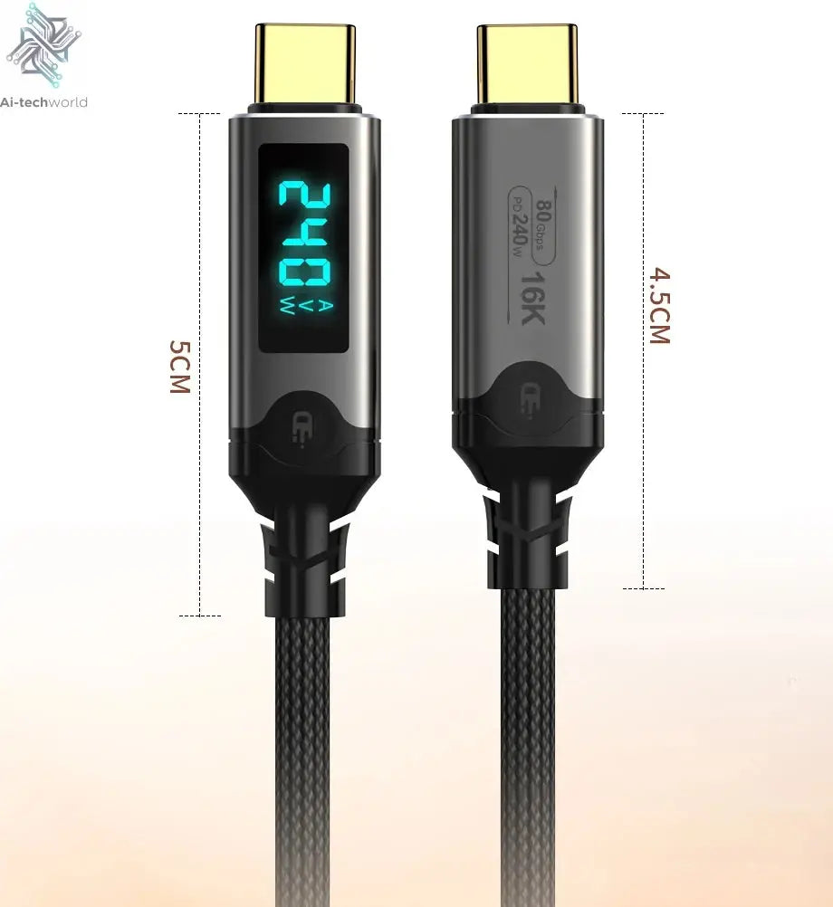 240W USB 5 Cable Type C Fast Charging Cord 80Gbps Data Transfer 16K60Hz With LED Display for Thunderbolt5/4 Monitor Laptop - Ai-TechWorld