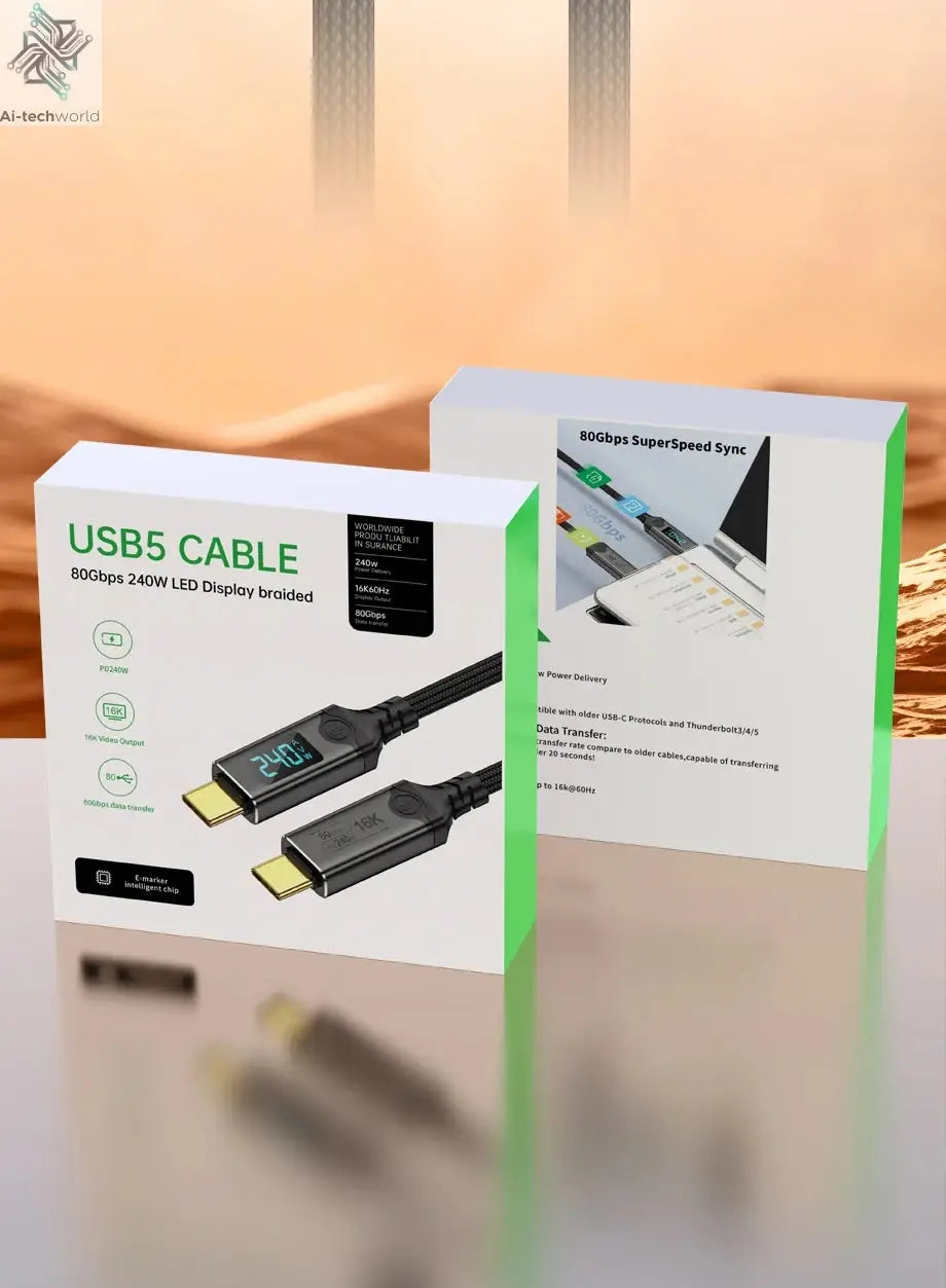 240W USB 5 Cable Type C Fast Charging Cord 80Gbps Data Transfer 16K60Hz With LED Display for Thunderbolt5/4 Monitor Laptop - Ai-TechWorld
