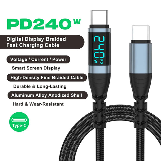 240W USB C to USB C Cable,Braided Type C Charger Cord with LED Display,PD Fast Charging Wire for iPhone 17,Sumsung Galaxy S24 - Ai-TechWorld