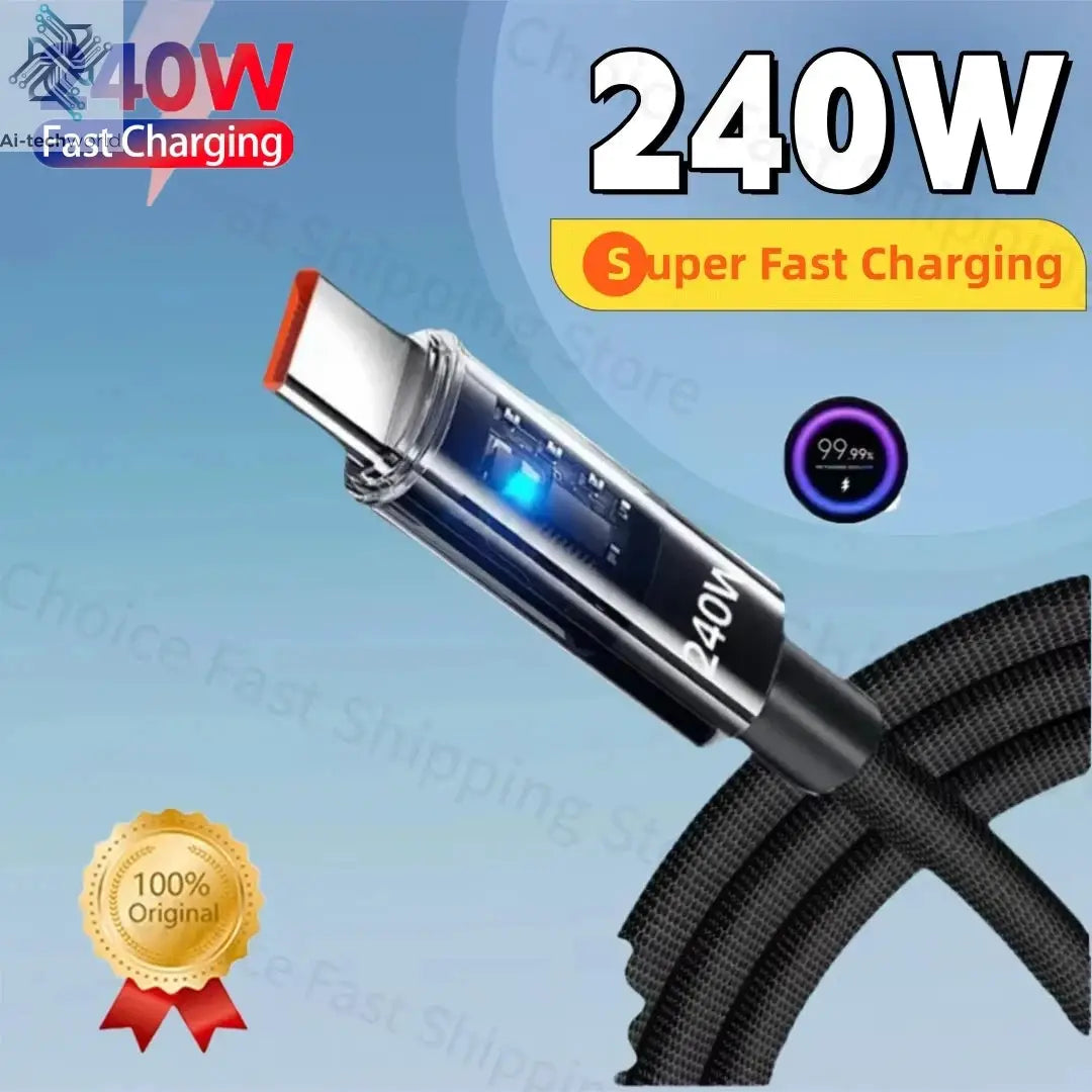 240W USB Type C Super Fast Charging Cable For iPhone Samsung Huawei Xiaomi LED Digital Display Nylon USB C Charger Data Cord Ai-TechWorld 