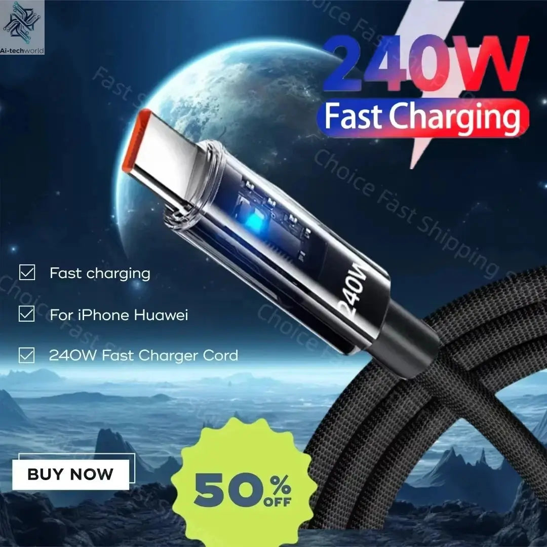 240W USB Type C Super Fast Charging Cable For iPhone Samsung Huawei Xiaomi LED Digital Display Nylon USB C Charger Data Cord Ai-TechWorld 