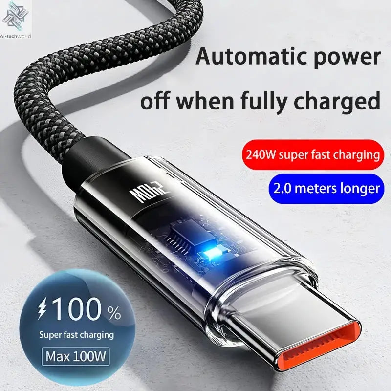 240W USB Type C Super Fast Charging Cable For iPhone Samsung Huawei Xiaomi LED Digital Display Nylon USB C Charger Data Cord Ai-TechWorld 