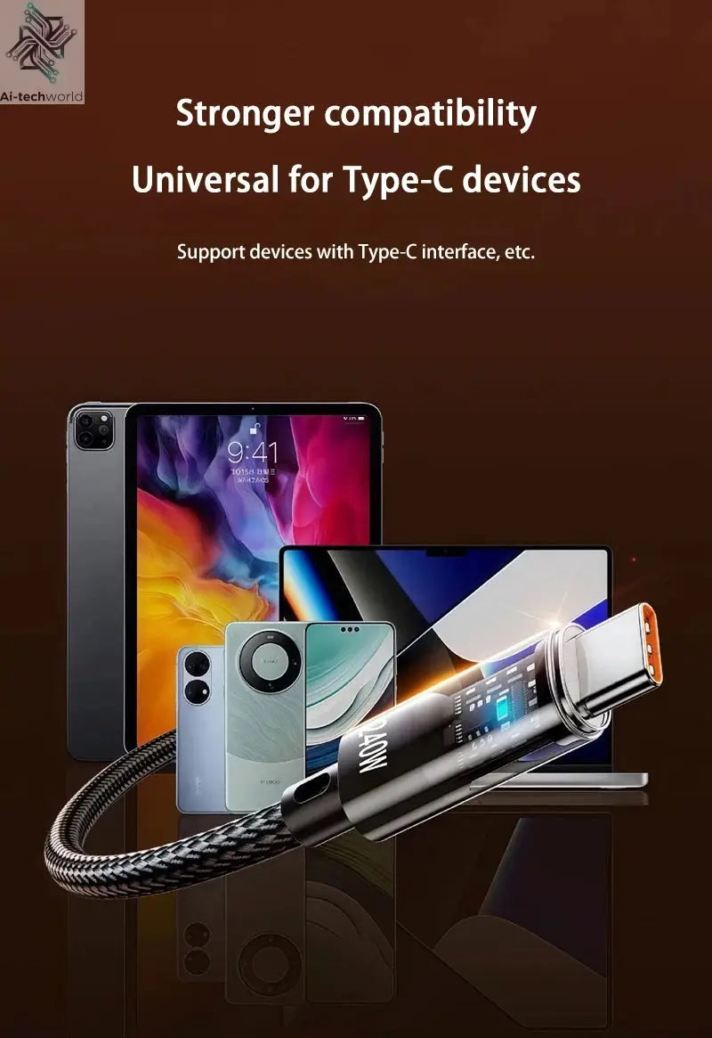 240W USB Type C Super Fast Charging Cable For iPhone Samsung Huawei Xiaomi LED Digital Display Nylon USB C Charger Data Cord Ai-TechWorld 