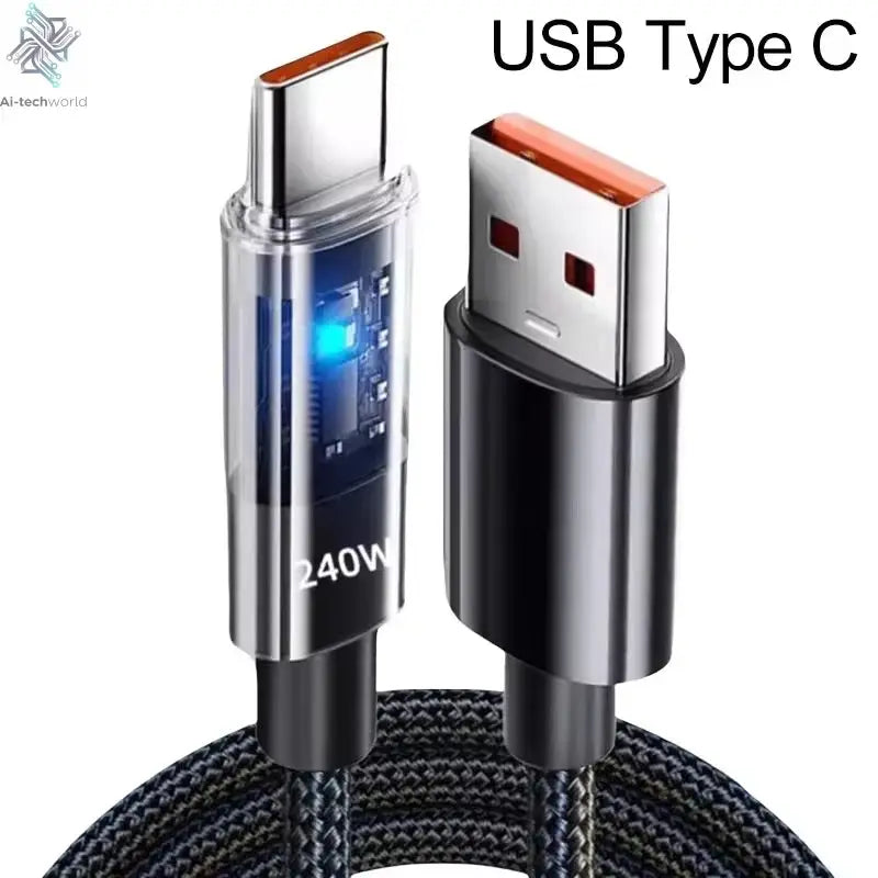 240W USB Type C Super Fast Charging Cable For iPhone Samsung Huawei Xiaomi LED Digital Display Nylon USB C Charger Data Cord Ai-TechWorld 