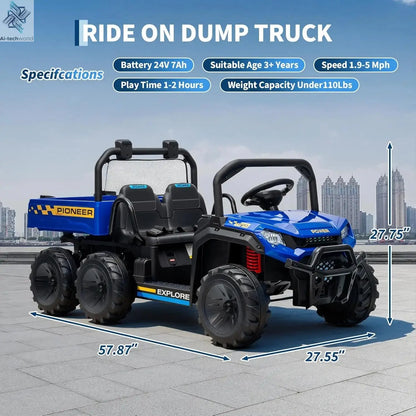 24V 2 Seater Ride on Dump Truck, 4WD Electric Car with Remote Control,Dump Bed,3 Speed Modes, Music Player,Toy for Boys & Girls - Ai-TechWorld