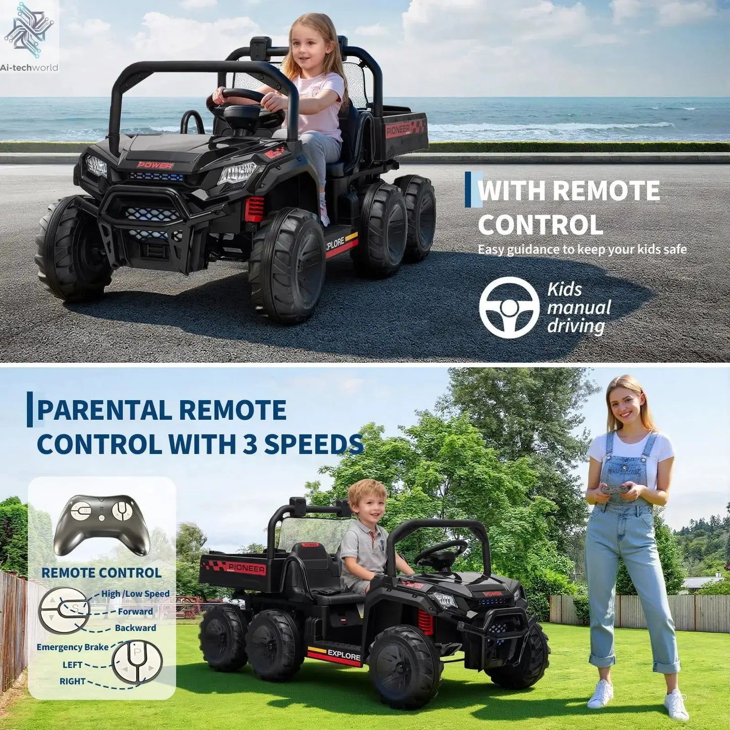 24V 4WD All-Terrain Kids Ride On Dump Truck Parental Remote Control 3 Speeds 2-Seater Off-Road Toy Car For Boys Girls - Ai-TechWorld