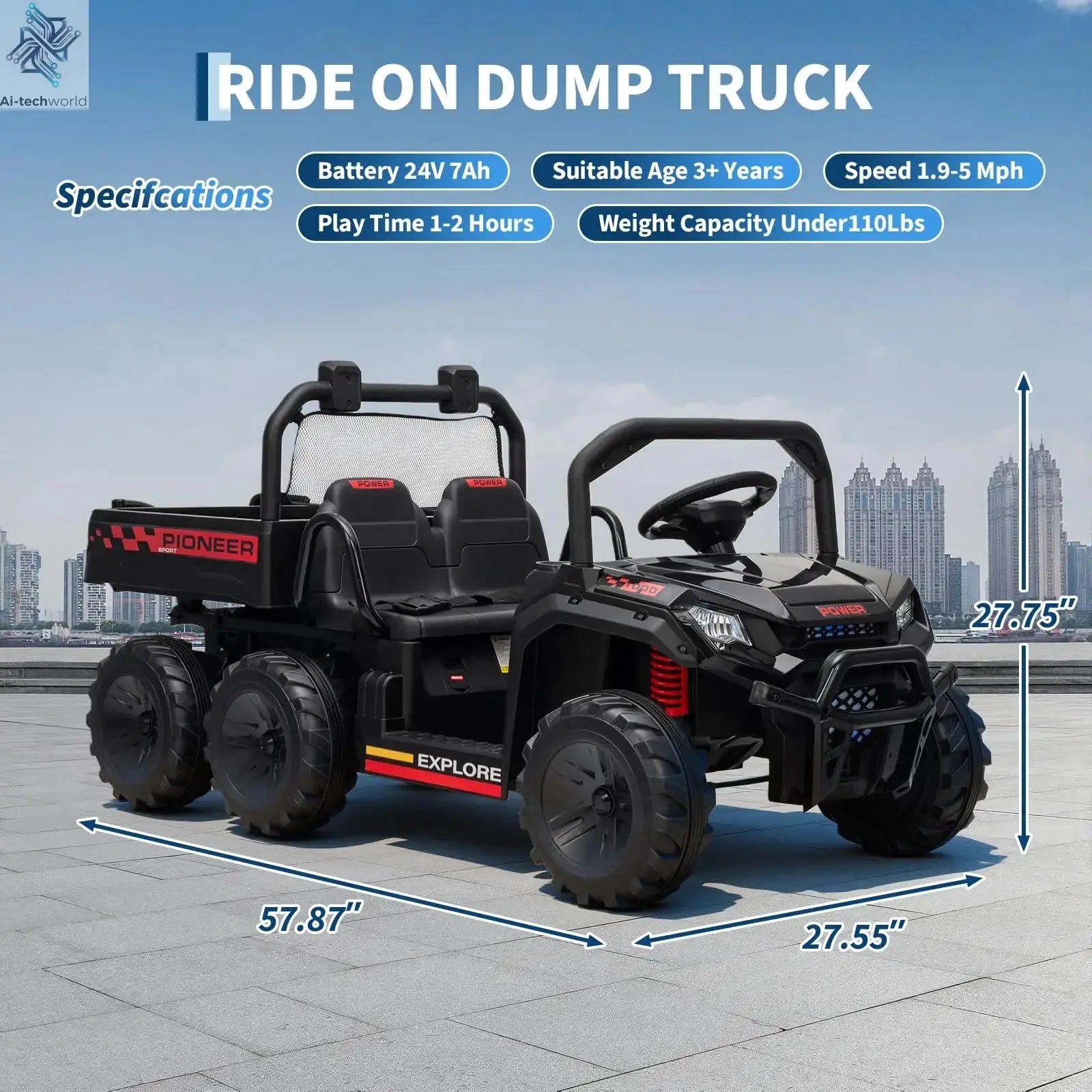 24V 4WD All-Terrain Kids Ride On Dump Truck Parental Remote Control 3 Speeds 2-Seater Off-Road Toy Car For Boys Girls - Ai-TechWorld