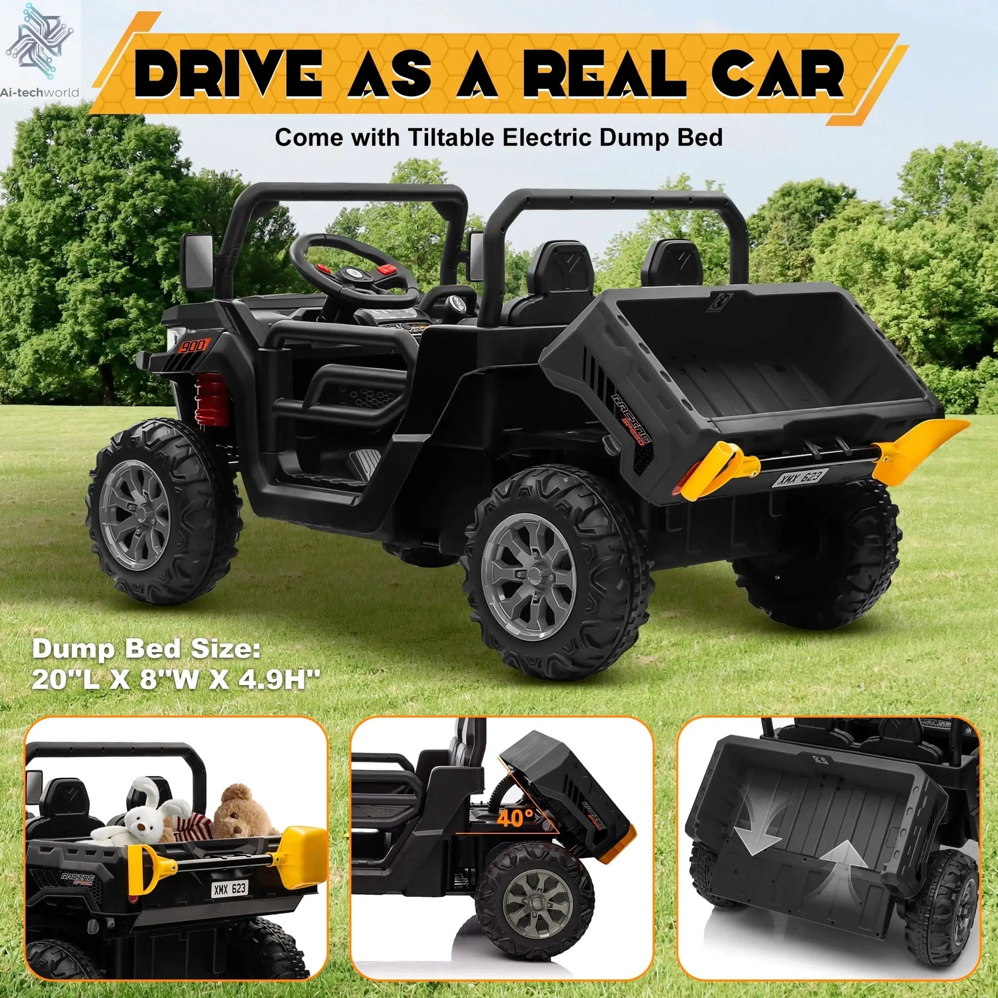 24V Ride on Dump Truck, 2 Seater Kids UTV Electric Car w/2.4G Remote Control, 4 Wheeler, Bluetooth Music, LED Lights, 24 Volt Ba - Ai-TechWorld