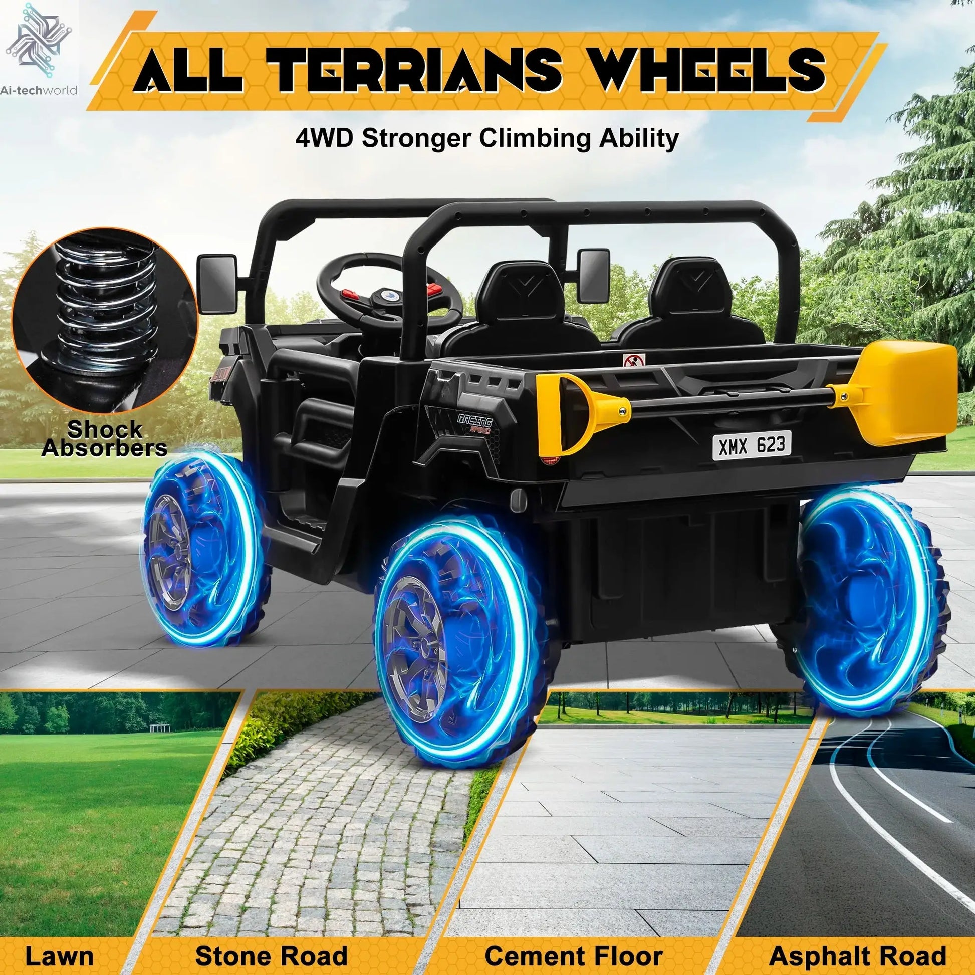 24V Ride on Dump Truck, 2 Seater Kids UTV Electric Car w/2.4G Remote Control, 4 Wheeler, Bluetooth Music, LED Lights, 24 Volt Ba - Ai-TechWorld