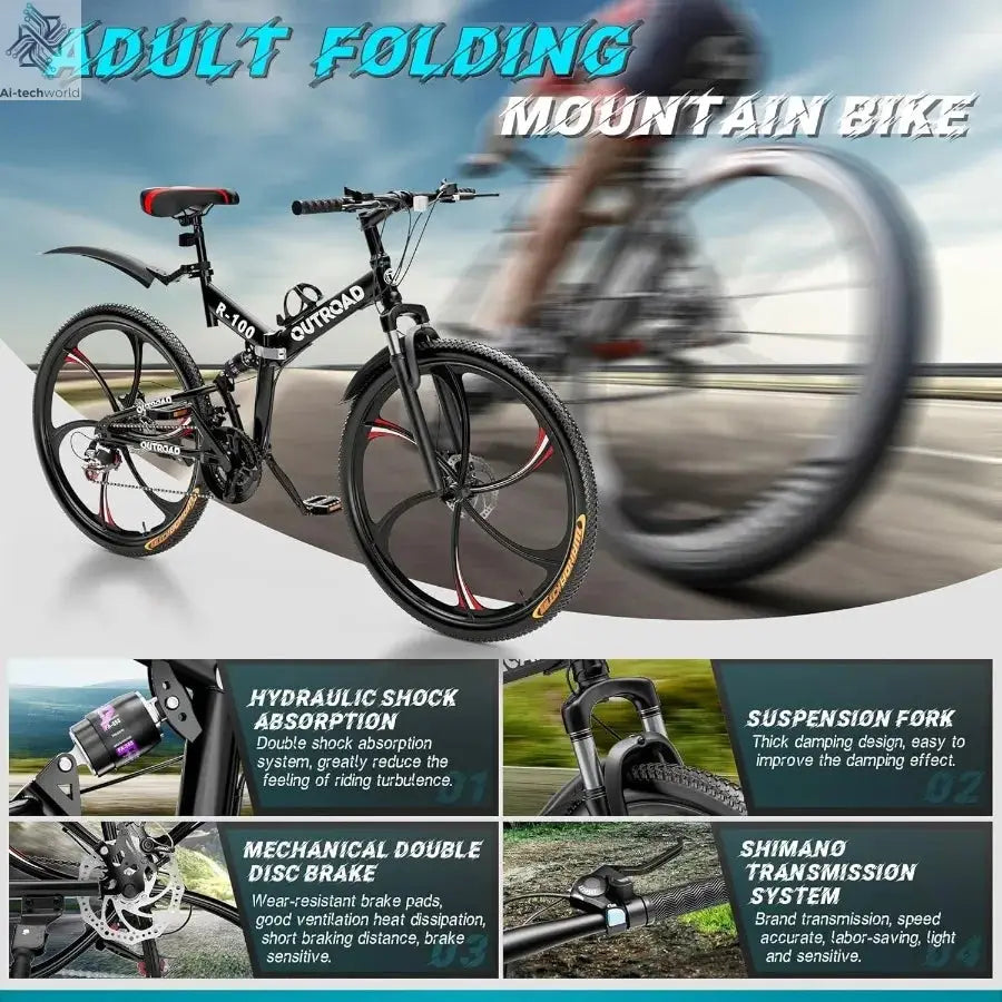 26 Inch Folding Mountain Bike with 21 Speeds and Full Suspension for Adults Featuring Dual Disc Brakes High Carbon Steel Frame Ai-TechWorld 