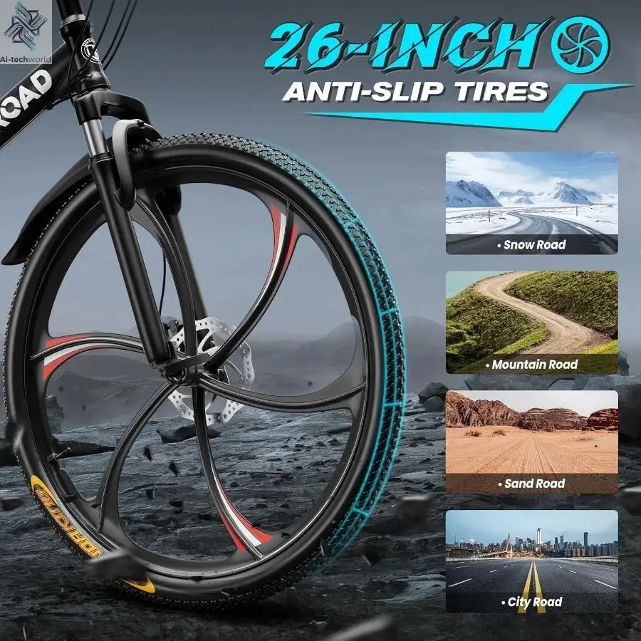 26 Inch Folding Mountain Bike with 21 Speeds and Full Suspension for Adults Featuring Dual Disc Brakes High Carbon Steel Frame Ai-TechWorld 