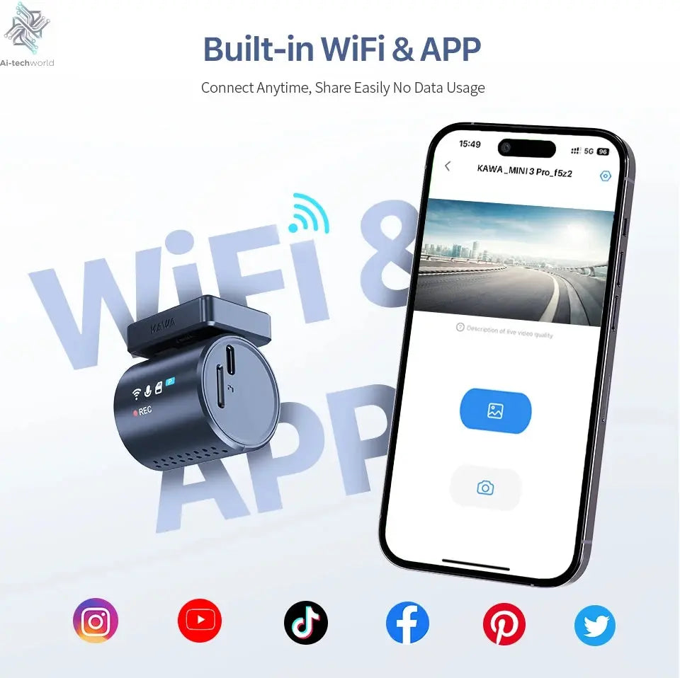2K KAWA MINI 3 Pro Cameras for Car DVR Tiny Dash Cam 24 Parking Auto Video Recorder WiFi APP Voice Control Car dashcam Ai-TechWorld 