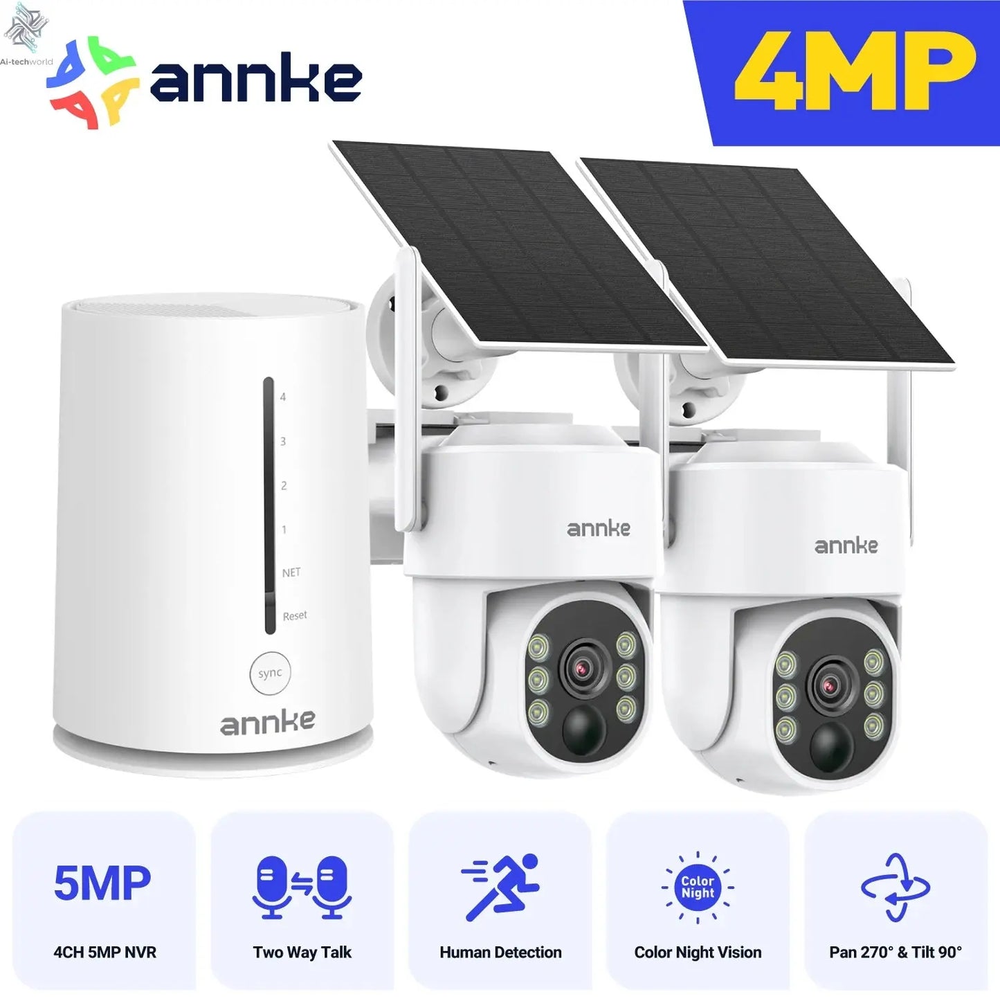 2K Wireless Home Security Camera System – Solar Power, PIR Motion Detection, 2 - Way Audio - Ai - TechWorld