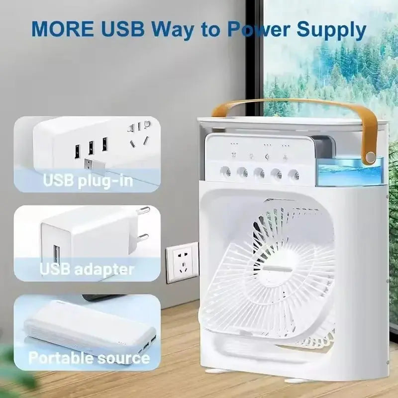 3 in 1 Mini Portable Cooling Fan with USB Charging Water Mist Air Conditioner LED Night Light for Home Office Desk Humidifier - Ai - TechWorld