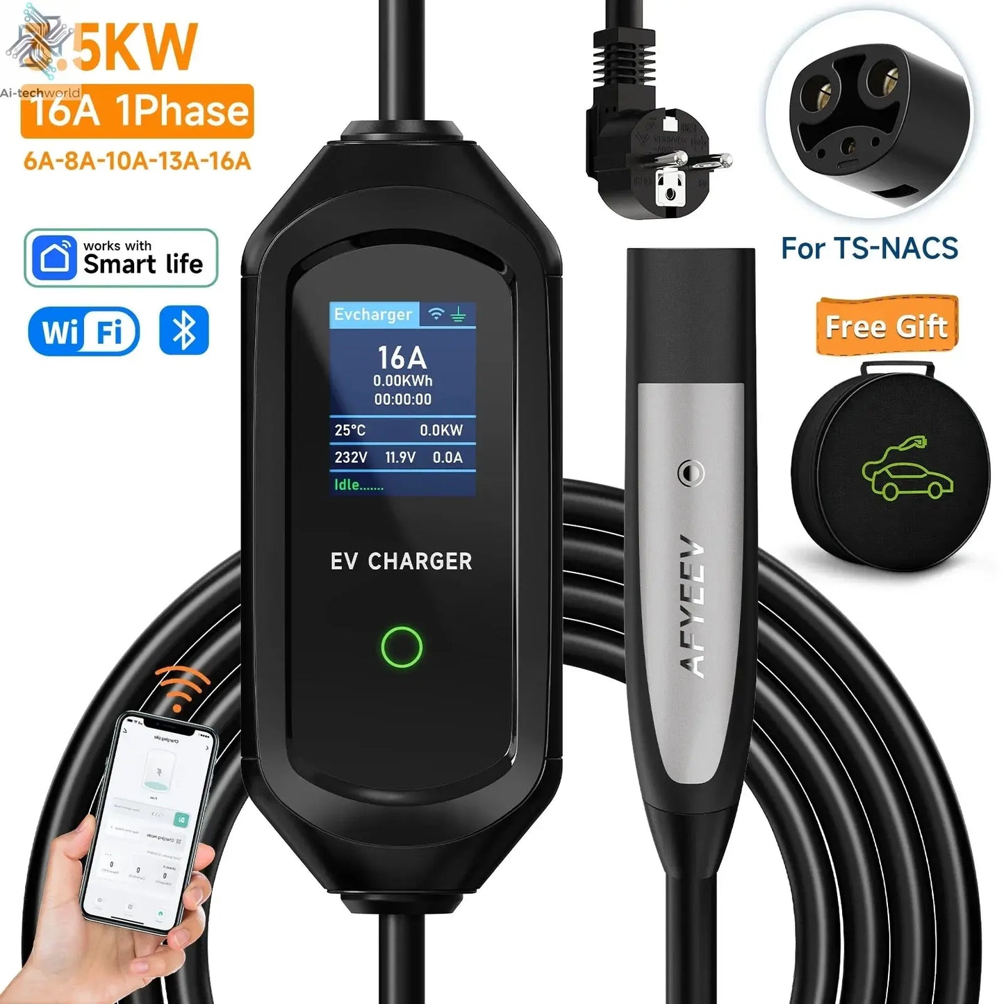 3.5KW/7KW Portable EV Charger for Tesla Model 3/X/Y/S EVSE Fast Charging Cable Electric Car Wallbox WiFi APP Bluetooth Control - Ai-TechWorld