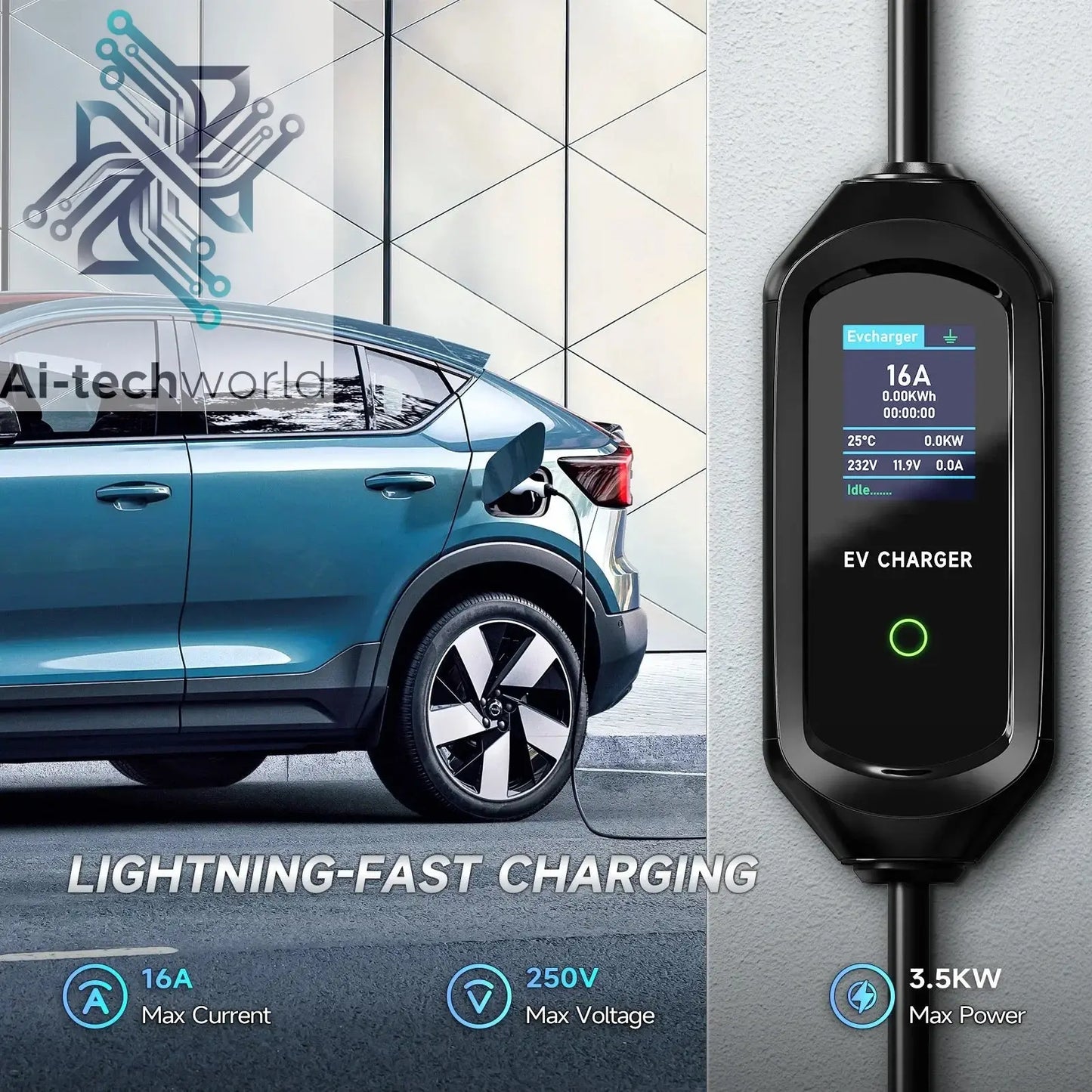 3.5KW/7KW Portable EV Charger for Tesla Model 3/X/Y/S EVSE Fast Charging Cable Electric Car Wallbox WiFi APP Bluetooth Control - Ai-TechWorld