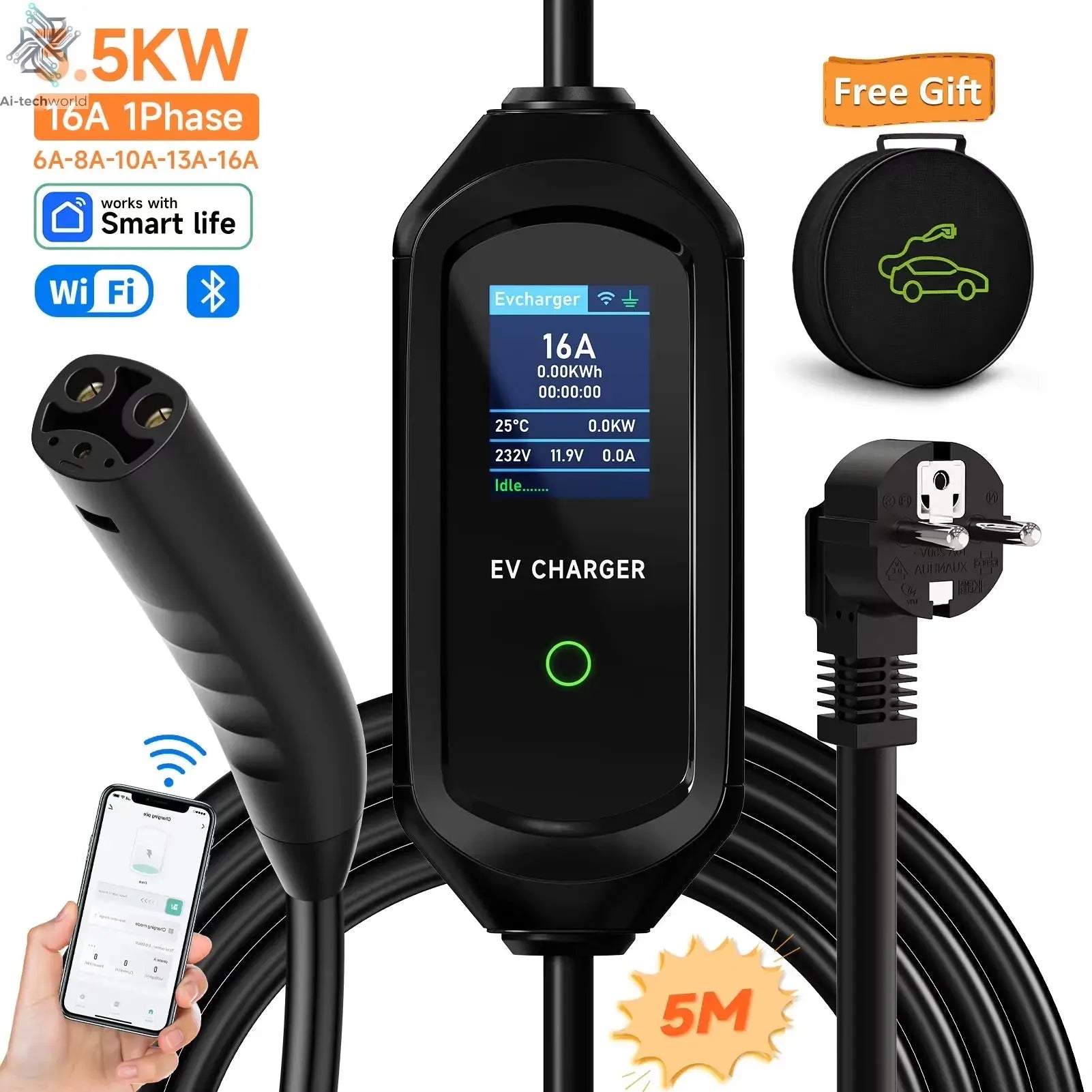 3.5KW/7KW Portable EV Charger for Tesla Model 3/X/Y/S EVSE Fast Charging Cable Electric Car Wallbox WiFi APP Bluetooth Control - Ai-TechWorld