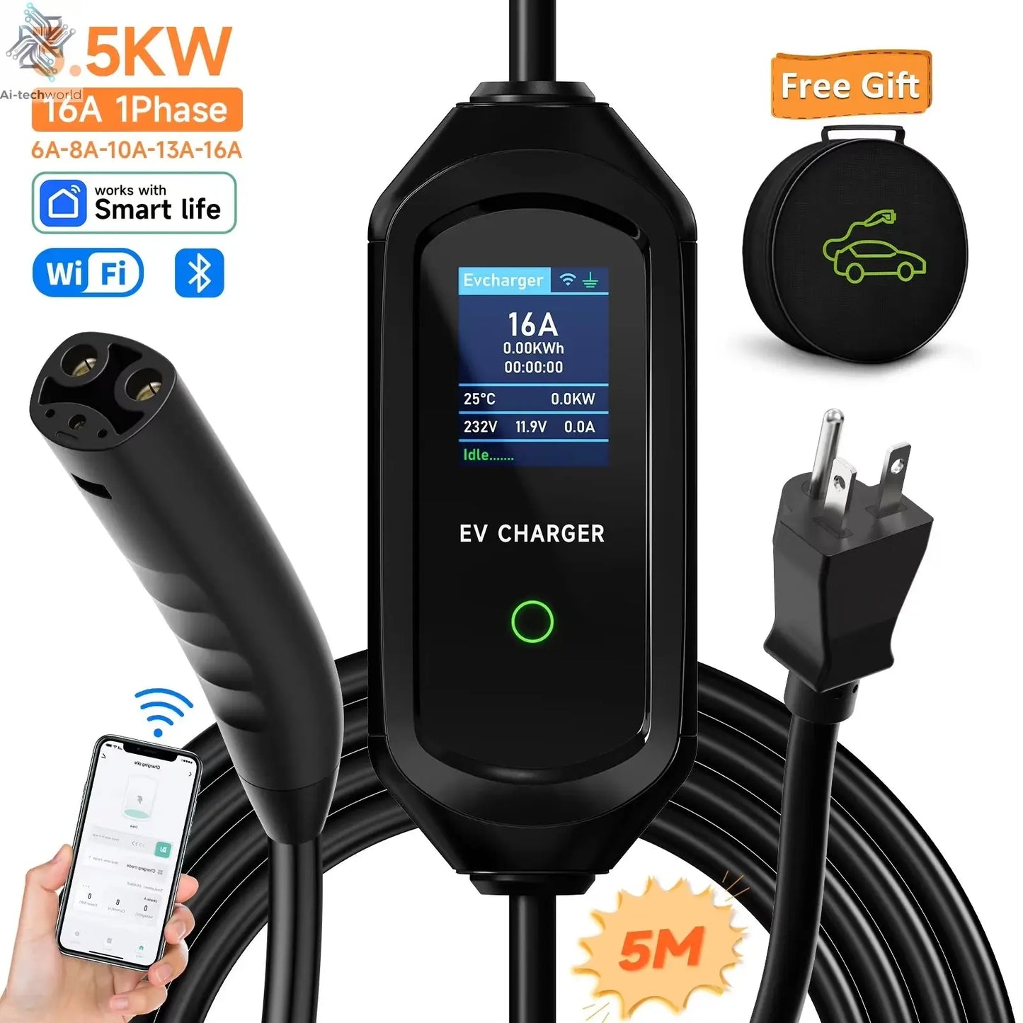 3.5KW/7KW Portable EV Charger for Tesla Model 3/X/Y/S EVSE Fast Charging Cable Electric Car Wallbox WiFi APP Bluetooth Control - Ai-TechWorld