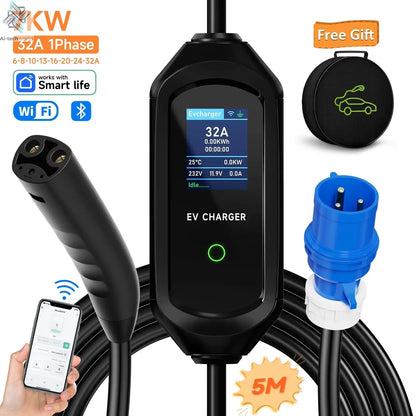 3.5KW/7KW Portable EV Charger for Tesla Model 3/X/Y/S EVSE Fast Charging Cable Electric Car Wallbox WiFi APP Bluetooth Control - Ai-TechWorld