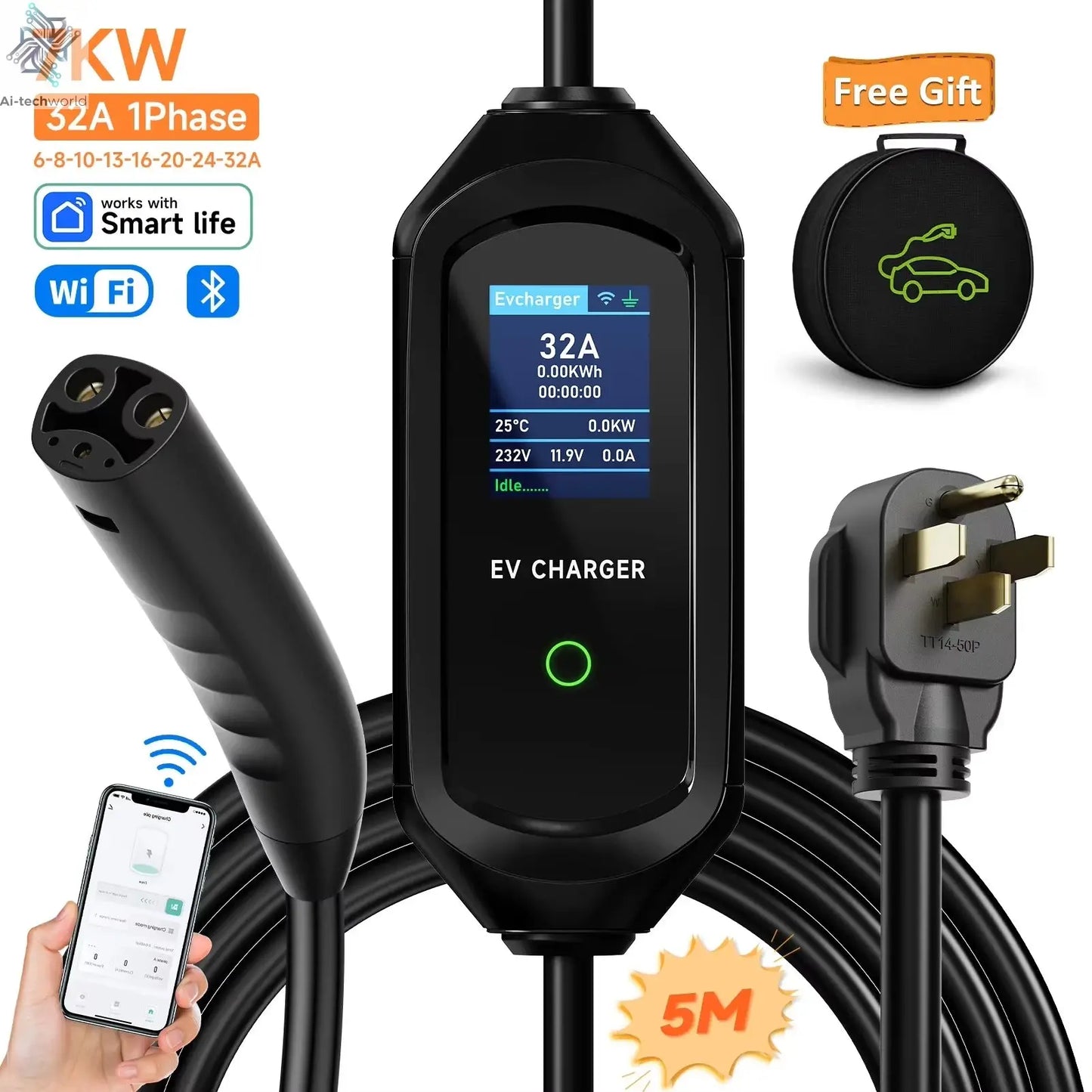 3.5KW/7KW Portable EV Charger for Tesla Model 3/X/Y/S EVSE Fast Charging Cable Electric Car Wallbox WiFi APP Bluetooth Control - Ai-TechWorld
