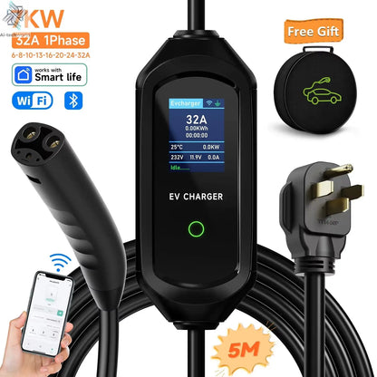 3.5KW/7KW Portable EV Charger for Tesla Model 3/X/Y/S EVSE Fast Charging Cable Electric Car Wallbox WiFi APP Bluetooth Control - Ai-TechWorld