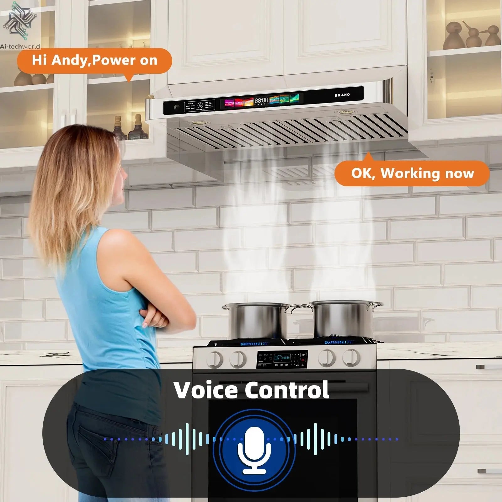 30/36 Inch Under Cabinet Range Hood with Voice/Gesture/Touch Control, 900 CFM Kitchen Vent Hood with 4-Speed Exhaust Fan Ai-TechWorld 