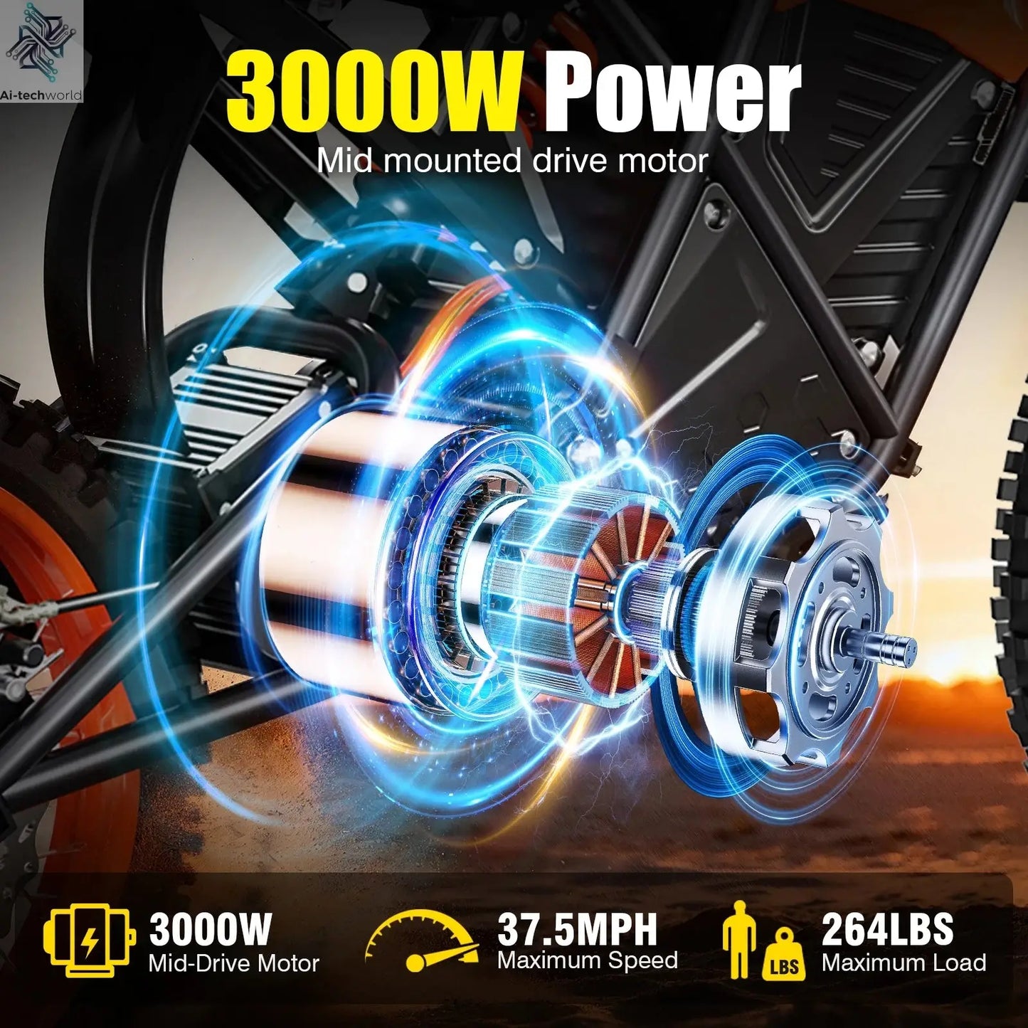 3000W Off Road Electric Motorcycle, 48V22.5AH Lithium Battery, Speed Of 37.5MPH and a Range Of 60 Miles,Adult Electric Dirt Bike - Ai-TechWorld