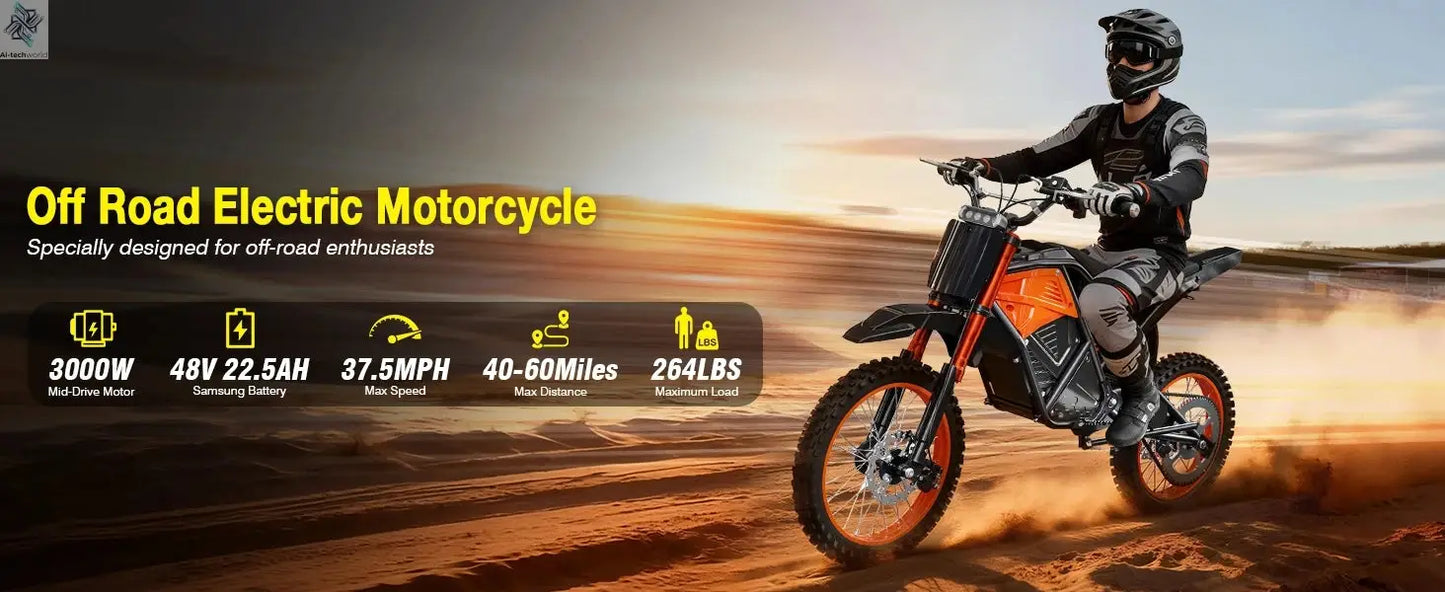 3000W Off Road Electric Motorcycle, 48V22.5AH Lithium Battery, Speed Of 37.5MPH and a Range Of 60 Miles,Adult Electric Dirt Bike - Ai-TechWorld