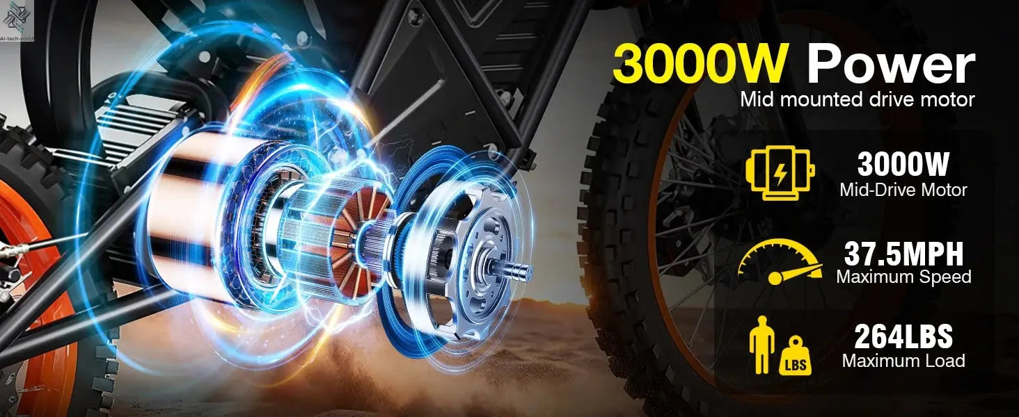3000W Off Road Electric Motorcycle, 48V22.5AH Lithium Battery, Speed Of 37.5MPH and a Range Of 60 Miles,Adult Electric Dirt Bike - Ai-TechWorld