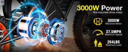 3000W Off Road Electric Motorcycle, 48V22.5AH Lithium Battery, Speed Of 37.5MPH and a Range Of 60 Miles,Adult Electric Dirt Bike - Ai-TechWorld