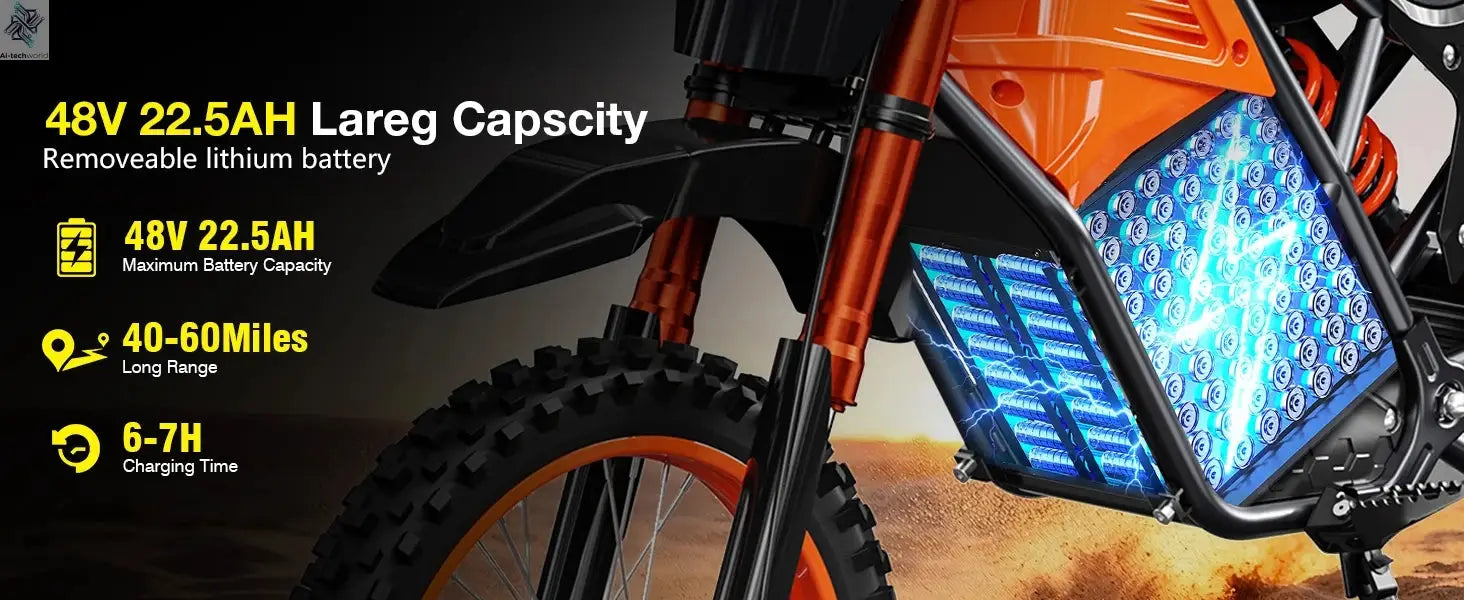 3000W Off Road Electric Motorcycle, 48V22.5AH Lithium Battery, Speed Of 37.5MPH and a Range Of 60 Miles,Adult Electric Dirt Bike - Ai-TechWorld