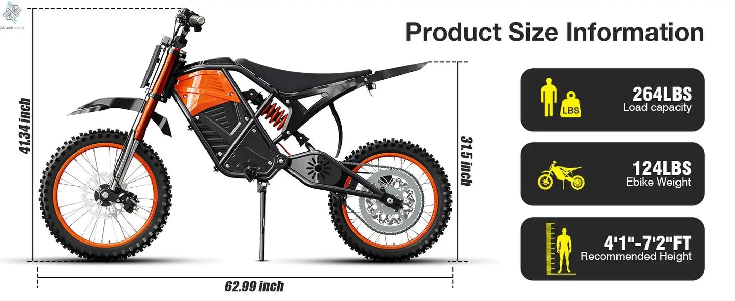 3000W Off Road Electric Motorcycle, 48V22.5AH Lithium Battery, Speed Of 37.5MPH and a Range Of 60 Miles,Adult Electric Dirt Bike - Ai-TechWorld