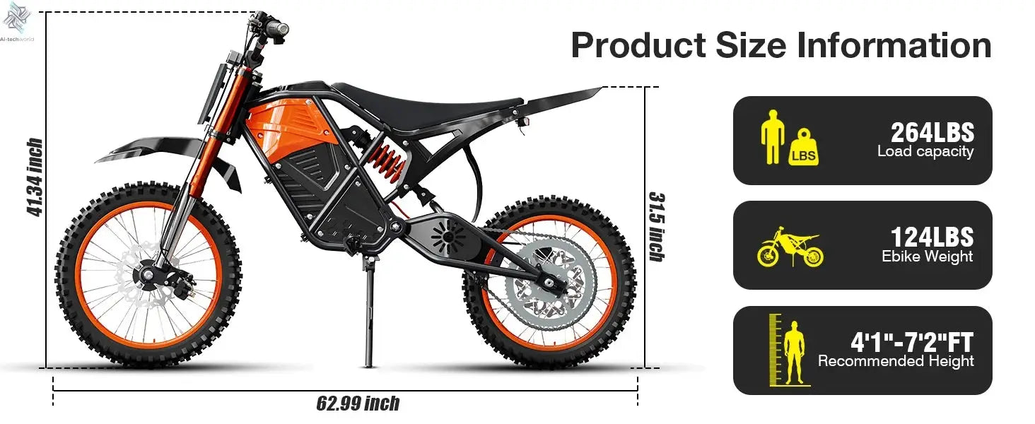 3000W Off Road Electric Motorcycle, 48V22.5AH Lithium Battery, Speed Of 37.5MPH and a Range Of 60 Miles,Adult Electric Dirt Bike - Ai-TechWorld