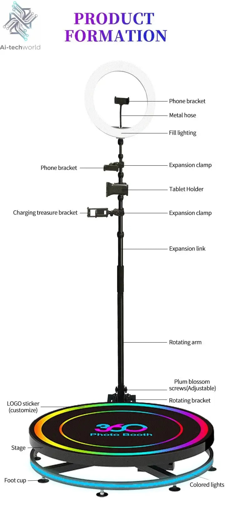 360 Custom Portable Photo Booth 80cm Metal Photobooth for Events Party Outdoor TradeShows Led Ai-TechWorld 