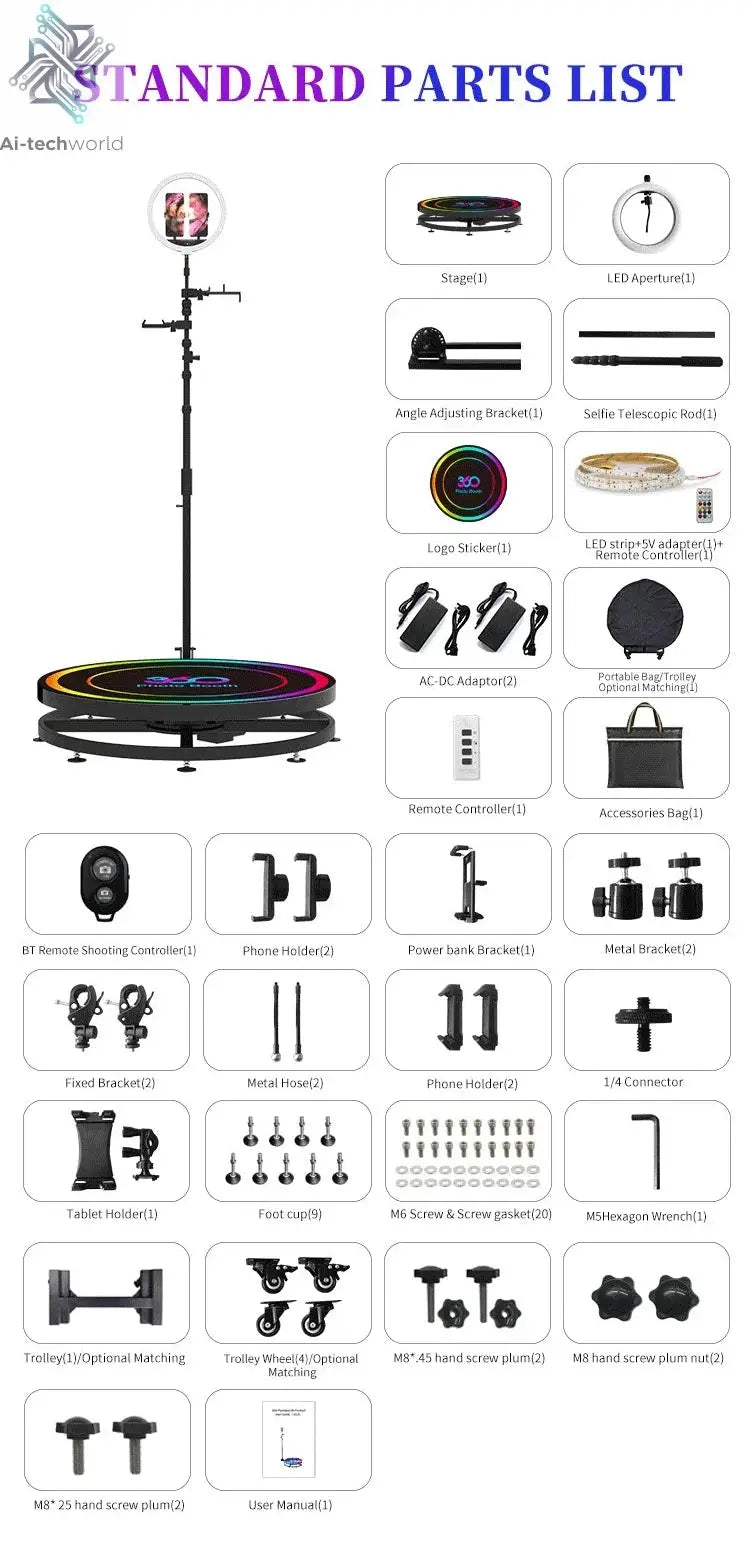 360 Custom Portable Photo Booth 80cm Metal Photobooth for Events Party Outdoor TradeShows Led Ai-TechWorld 