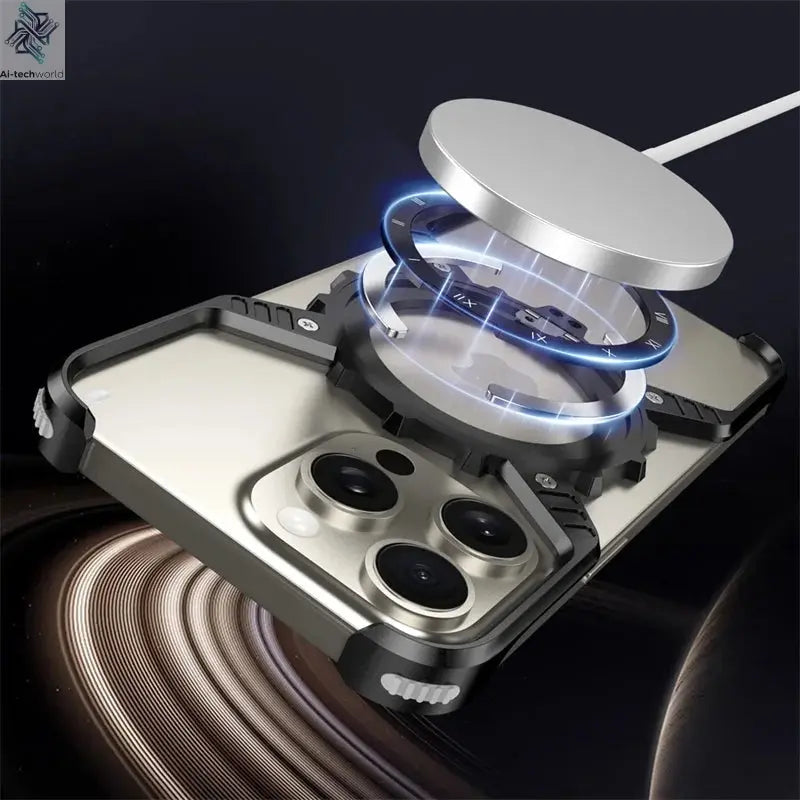360° Stand X-shaped Mechanical For iPhone 17 14 13 15 16 Pro Max Plus gear Aluminium Magnetic Frameless Noctilucent Phone Cover Ai-TechWorld 